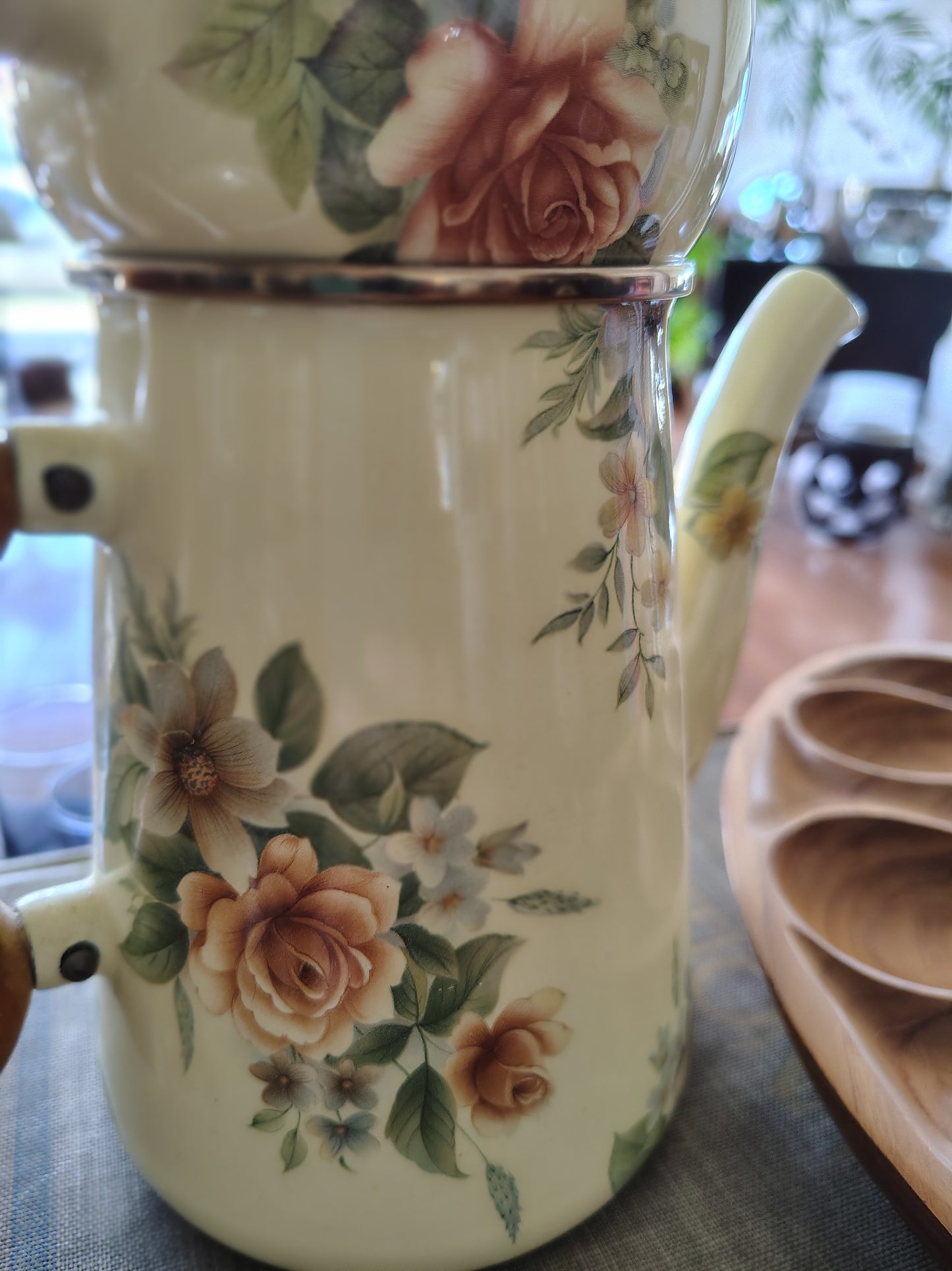 MacKenzie-Childs 1995 Floral Enamelware Teapot, Creamer & Sugar Set