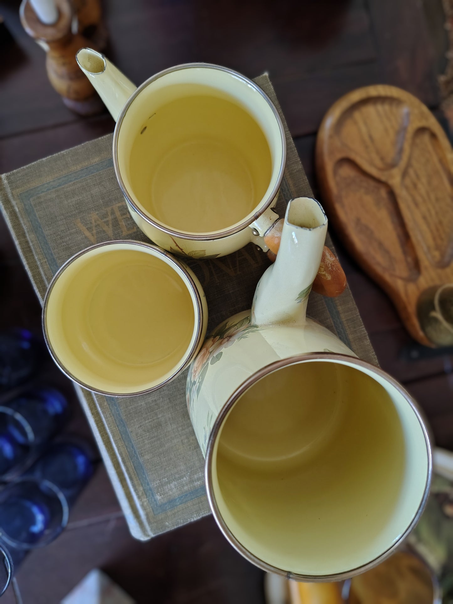 MacKenzie-Childs 1995 Floral Enamelware Teapot, Creamer & Sugar Set
