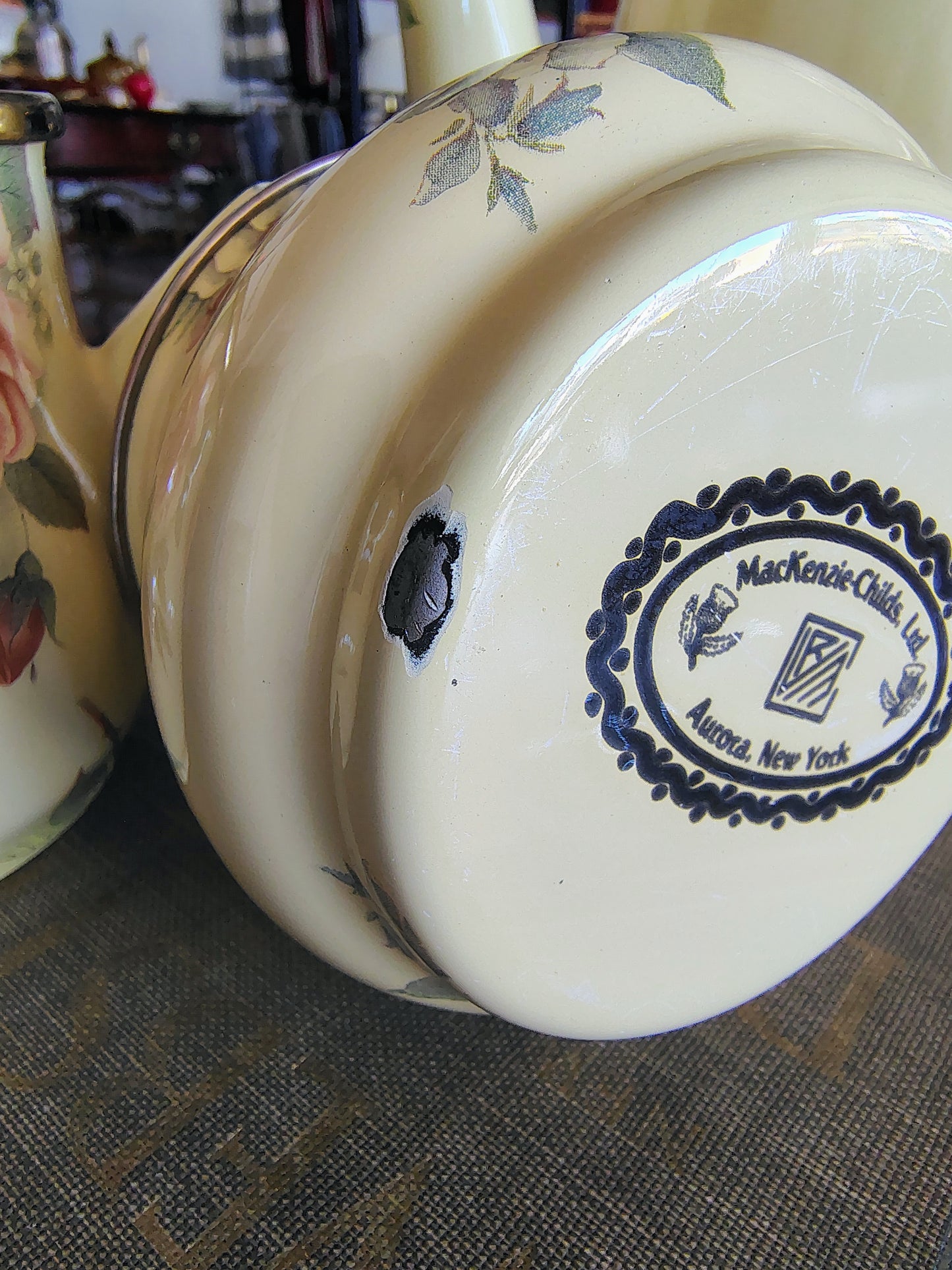 MacKenzie-Childs 1995 Floral Enamelware Teapot, Creamer & Sugar Set