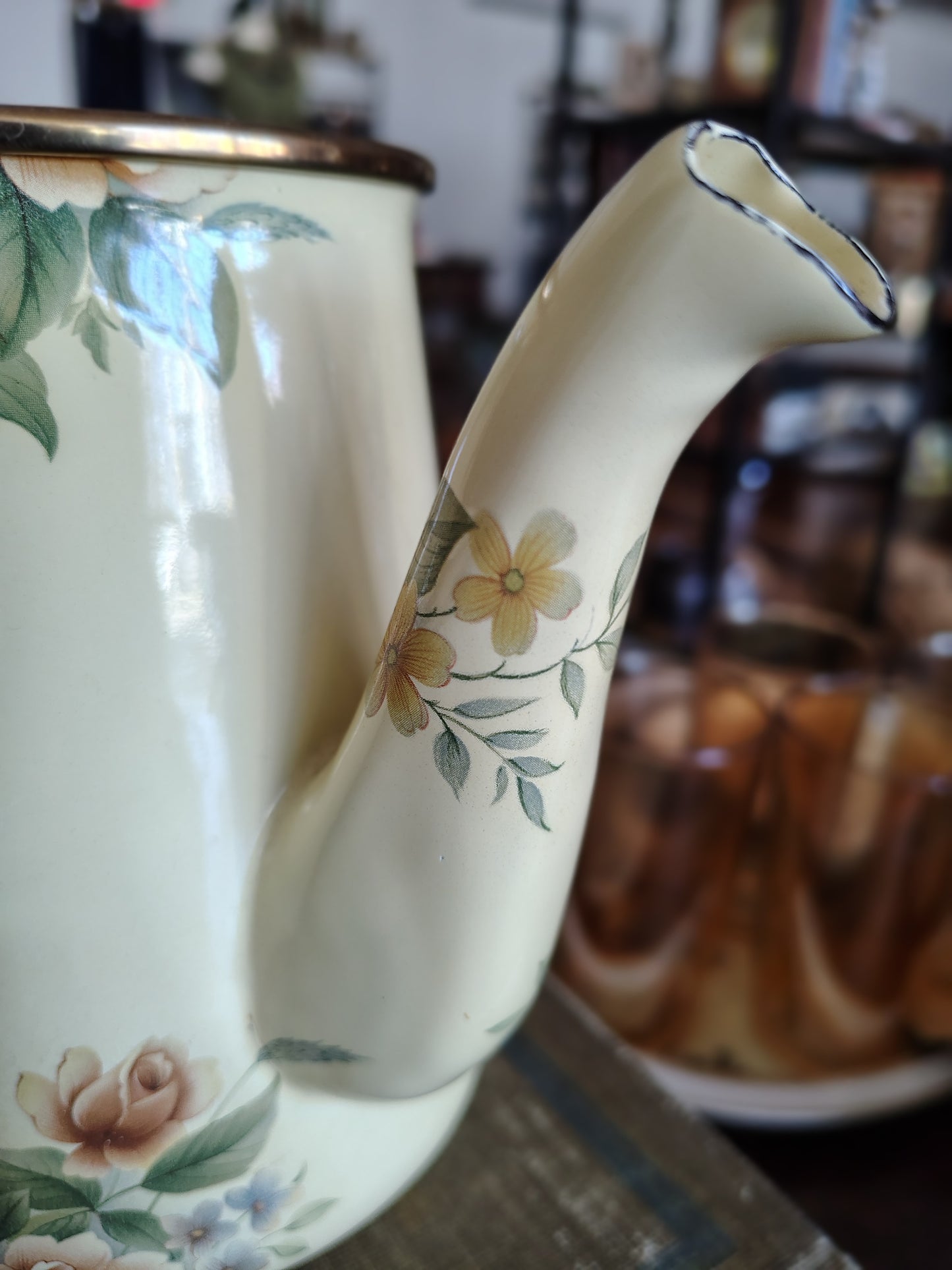 MacKenzie-Childs 1995 Floral Enamelware Teapot, Creamer & Sugar Set