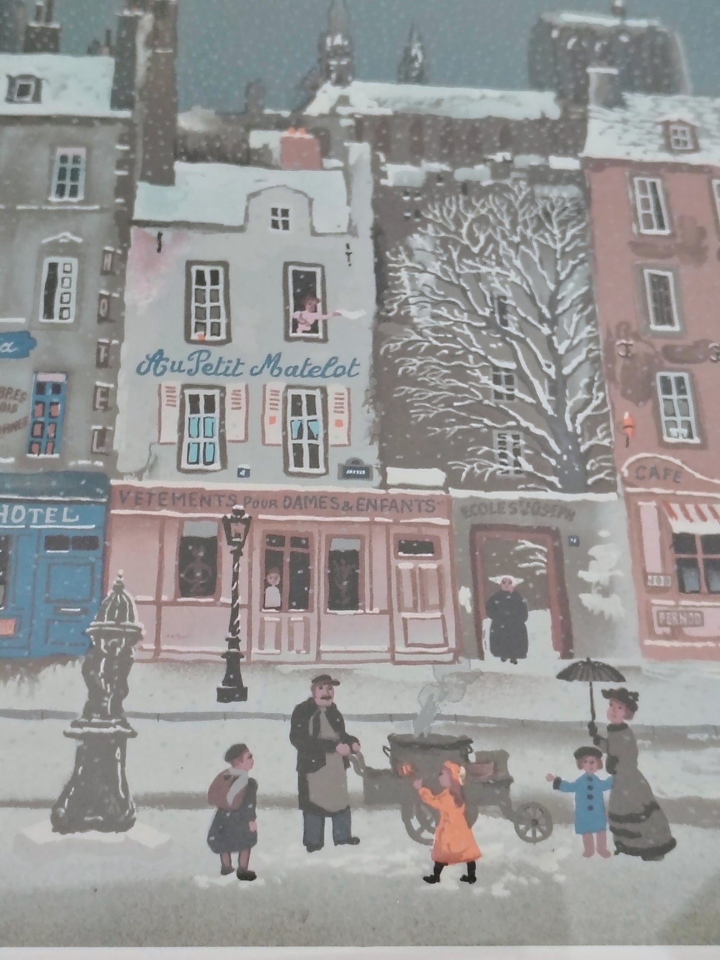 Michel Delacroix Christmas Winter Cityscape Original Lithograph – Snowy Paris Street Scene in Gold Frame