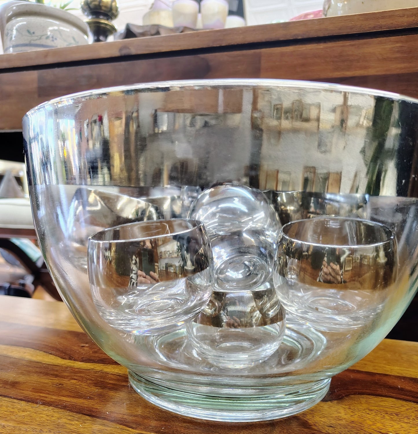 MCM Punch Bowl with 12 Roly Poly Glasses – Vitreon Queen’s Lusterware Silver Rim