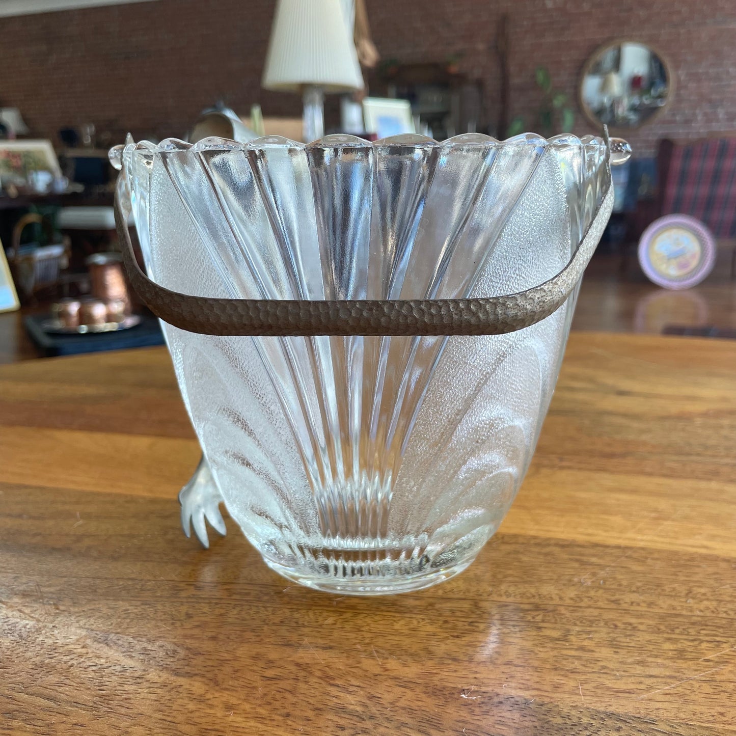 Pressed Glass Ice Bucket with Hammered Metal Handle & Tongs