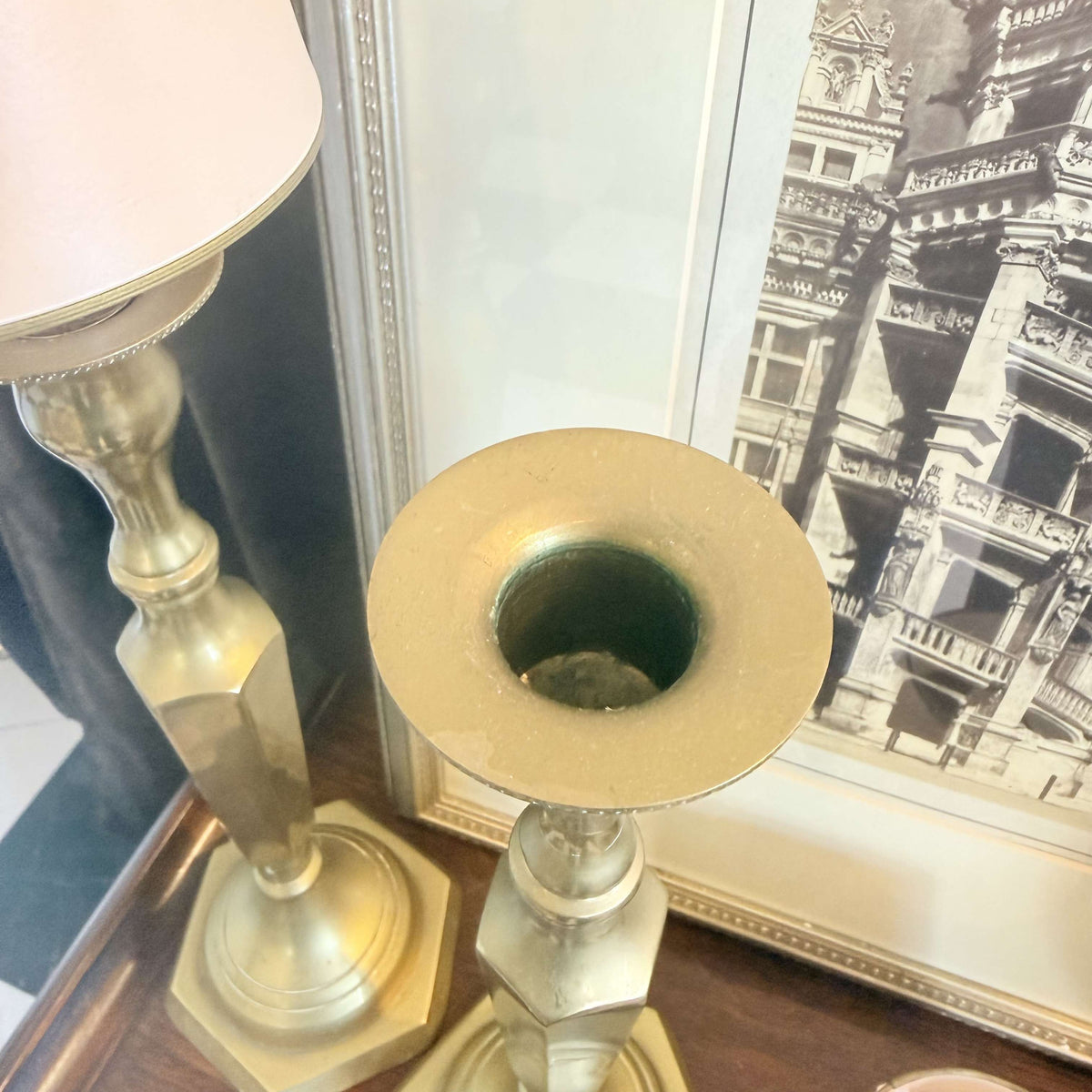 Tall Vintage Brass Candlesticks, Pair, Faceted Column and Hexagonal Base