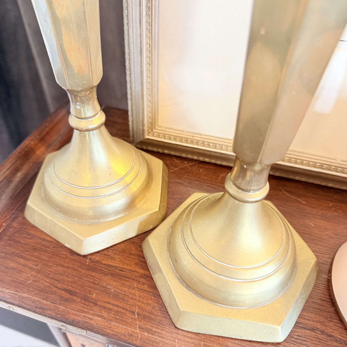 Tall Vintage Brass Candlesticks, Pair, Faceted Column and Hexagonal Base