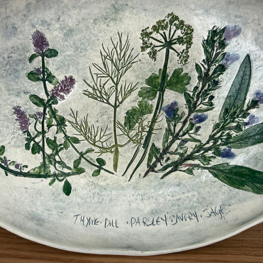 Salt Marsh Pottery Herb Platter Hand Painted Botanical Oval Dish