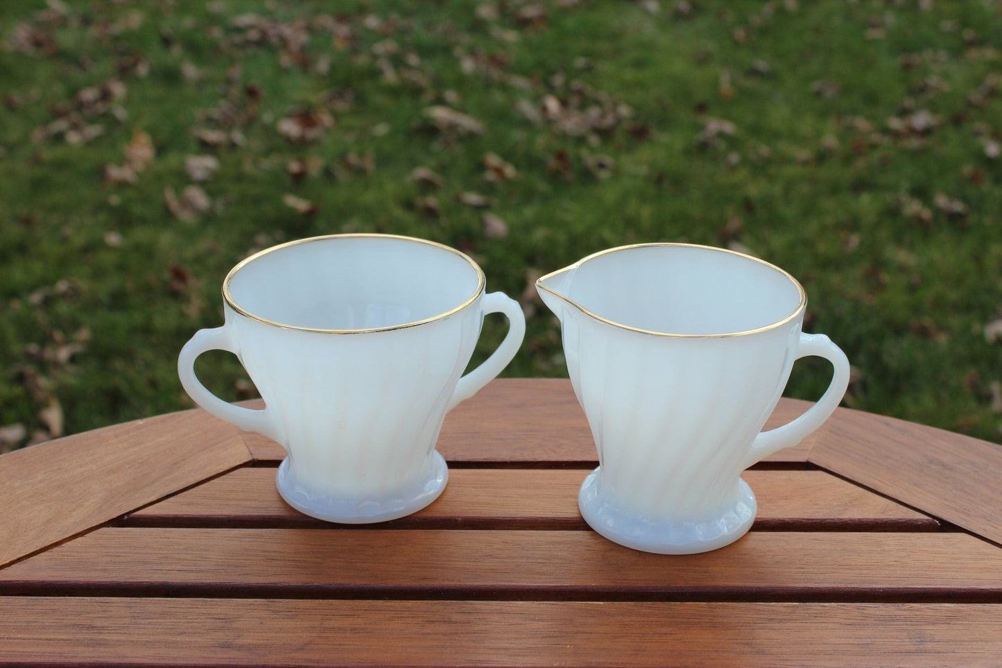 Anchor Hocking Milk Glass, Swirl, Milk + Sugar Bowl, Glass Dishes, Cream and Sugar Set - Loom Vintage
