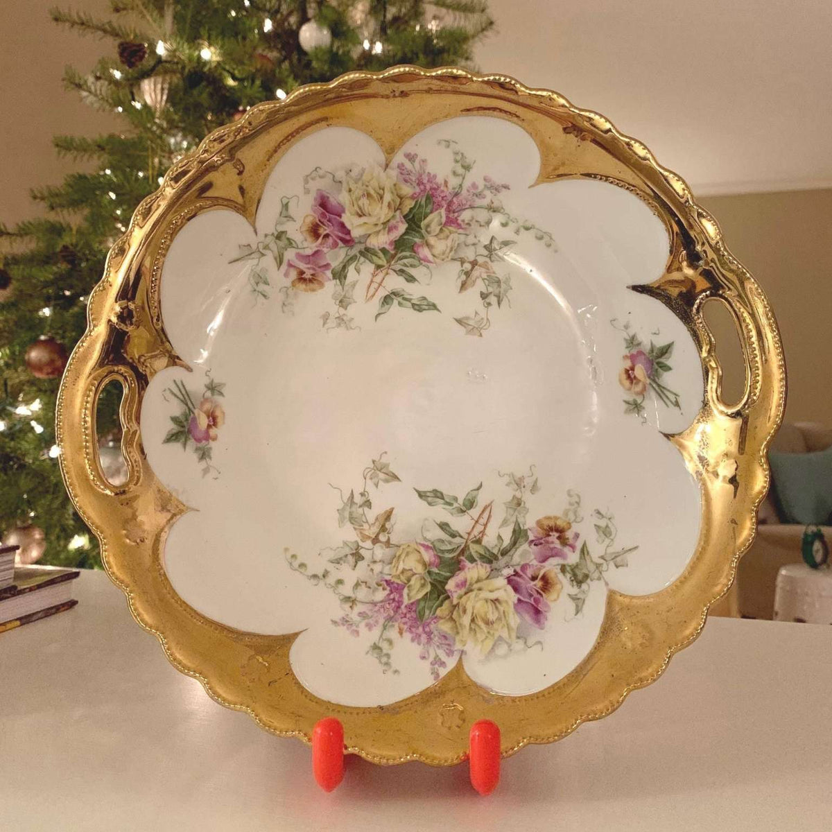 Antique 19th Century Floral Round Bowl, Serving Bowl, Exquisite Gold Gilt Accent Trims, Made in Germany - Loom Vintage