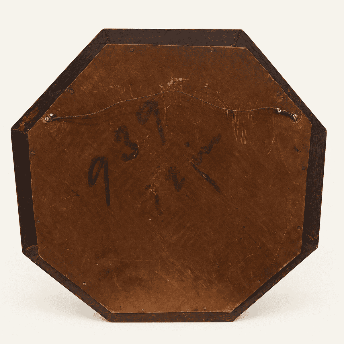 Reverse of the antique oak mirror showing the wood backing, hanging wire and handwritten 939
