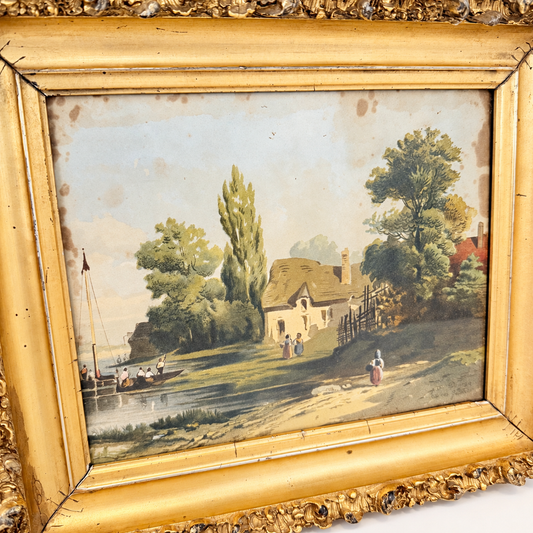 Angled view of thatched cottage, river and boats in gilt frame, photo 2 of 5