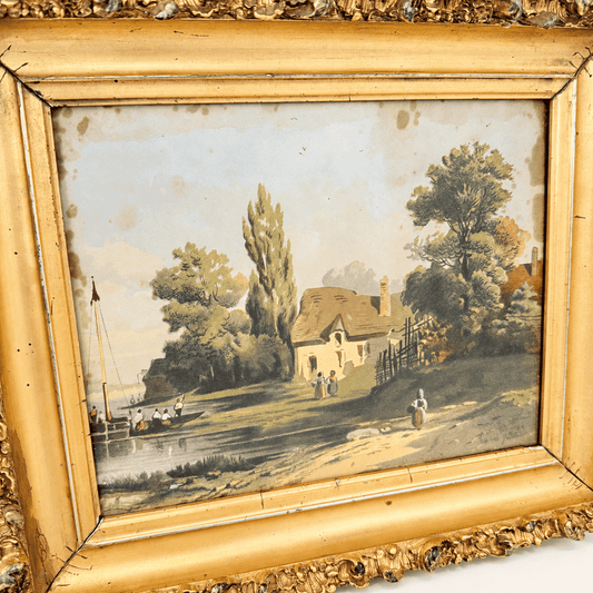 Angled view of thatched cottage, river and boats in gilt frame, photo 2 of 5