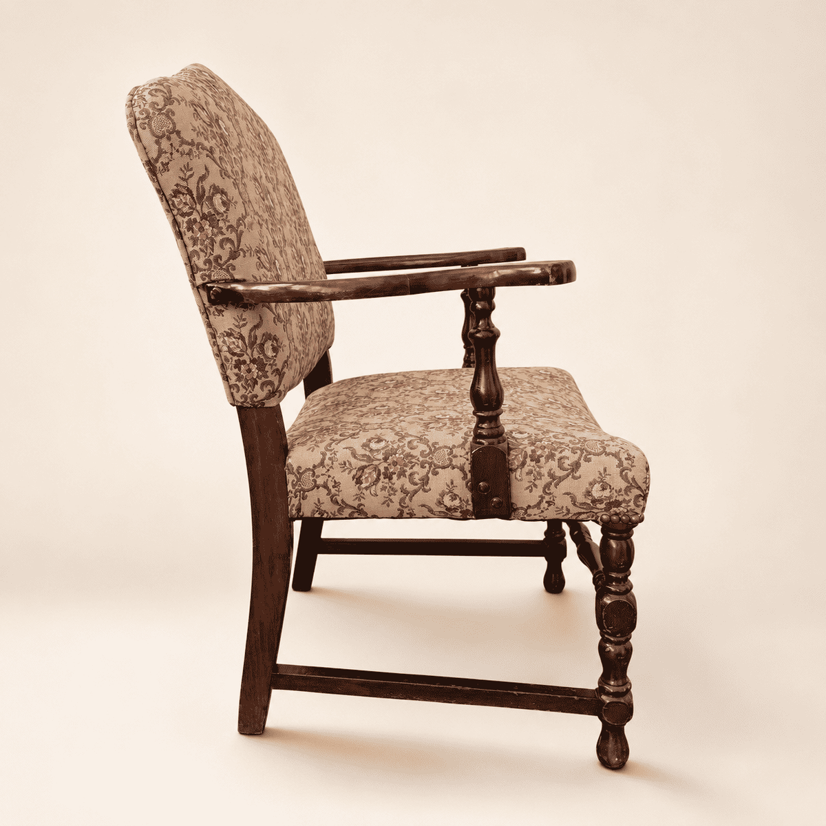 Back of the antique Georgian Revival floral tapestry armchair
