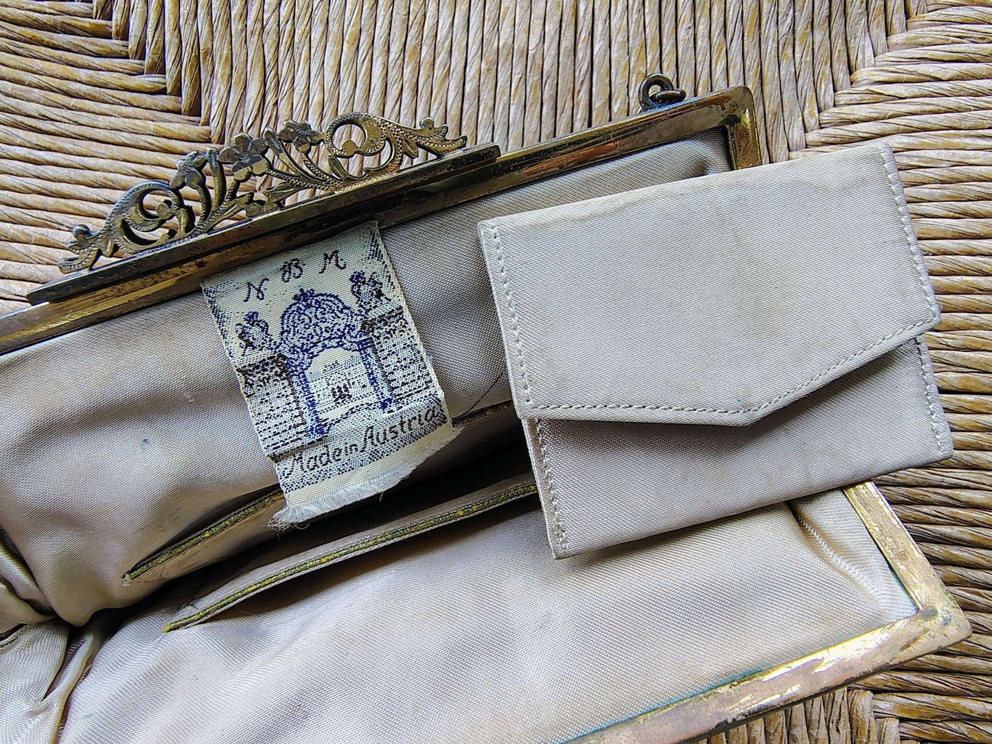 Austrian Needlepoint Evening Bag — Floral on Navy, Gold Filigree Frame, Chain Handle, c. 1930s - Loom Vintage