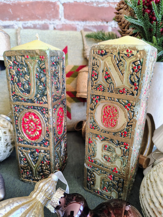 Vintage “JOY” and “NOEL” Embossed Christmas Pillar Candles – Gold, Red & Green
