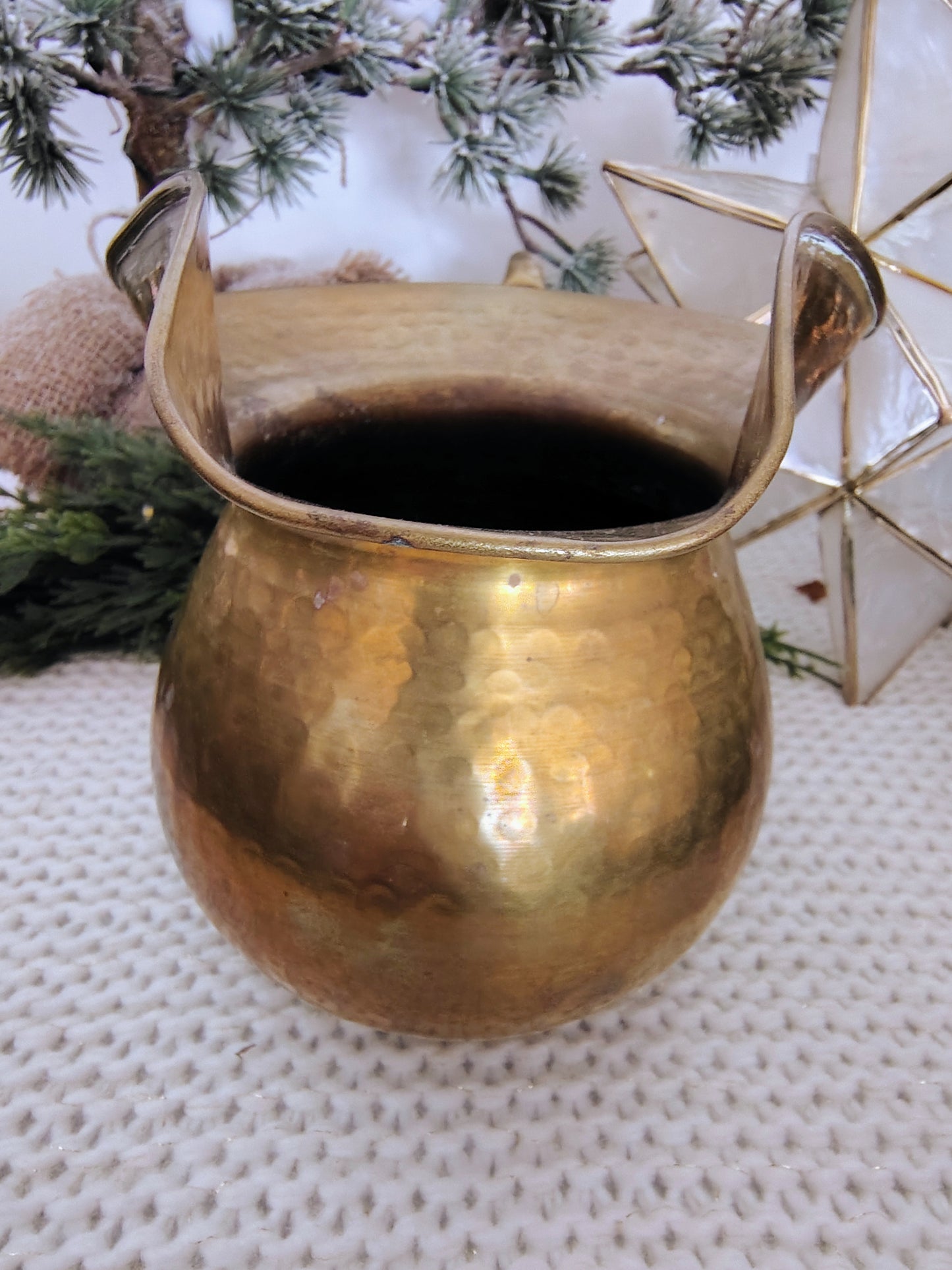 Vintage Hand-Hammered Brass Pitcher Rustic Fall Decor, Halloween Christmas, Farmhouse Style Vase or Jug (6” H x 8.5” W with Handle)