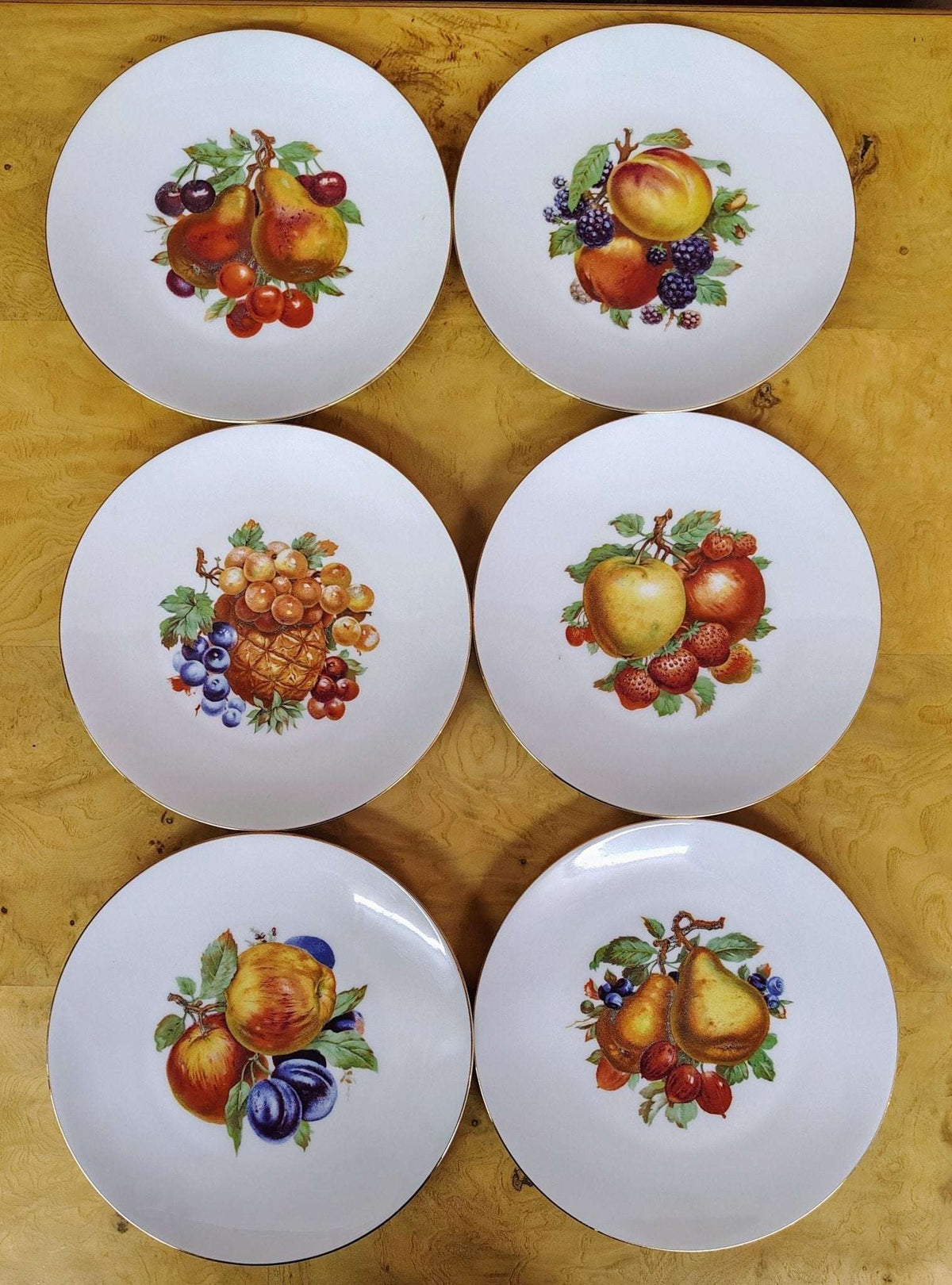 Bareuther Waldsassen Bavaria Fruit Plates, Set of 6 — Gold Rim, Assorted Fruit Designs, 7.5–8" - Loom Vintage