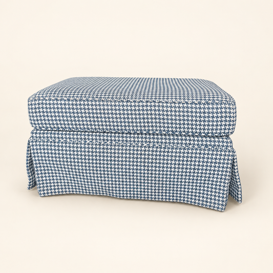 Blue houndstooth skirted ottoman, front view