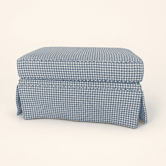Blue houndstooth skirted ottoman, front view