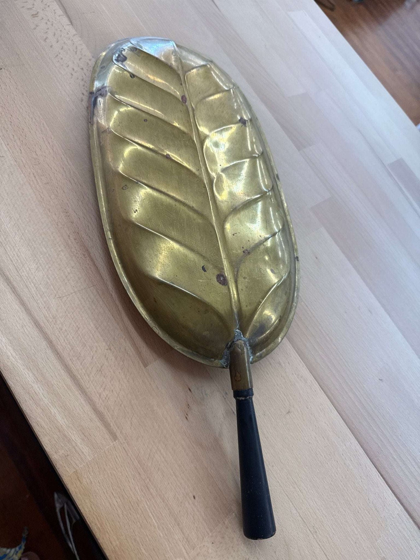 Brass Leaf Tray with Black Handle — Veined Leaf Form, Aged Patina, 15.5"L, Mid - Century - Loom Vintage