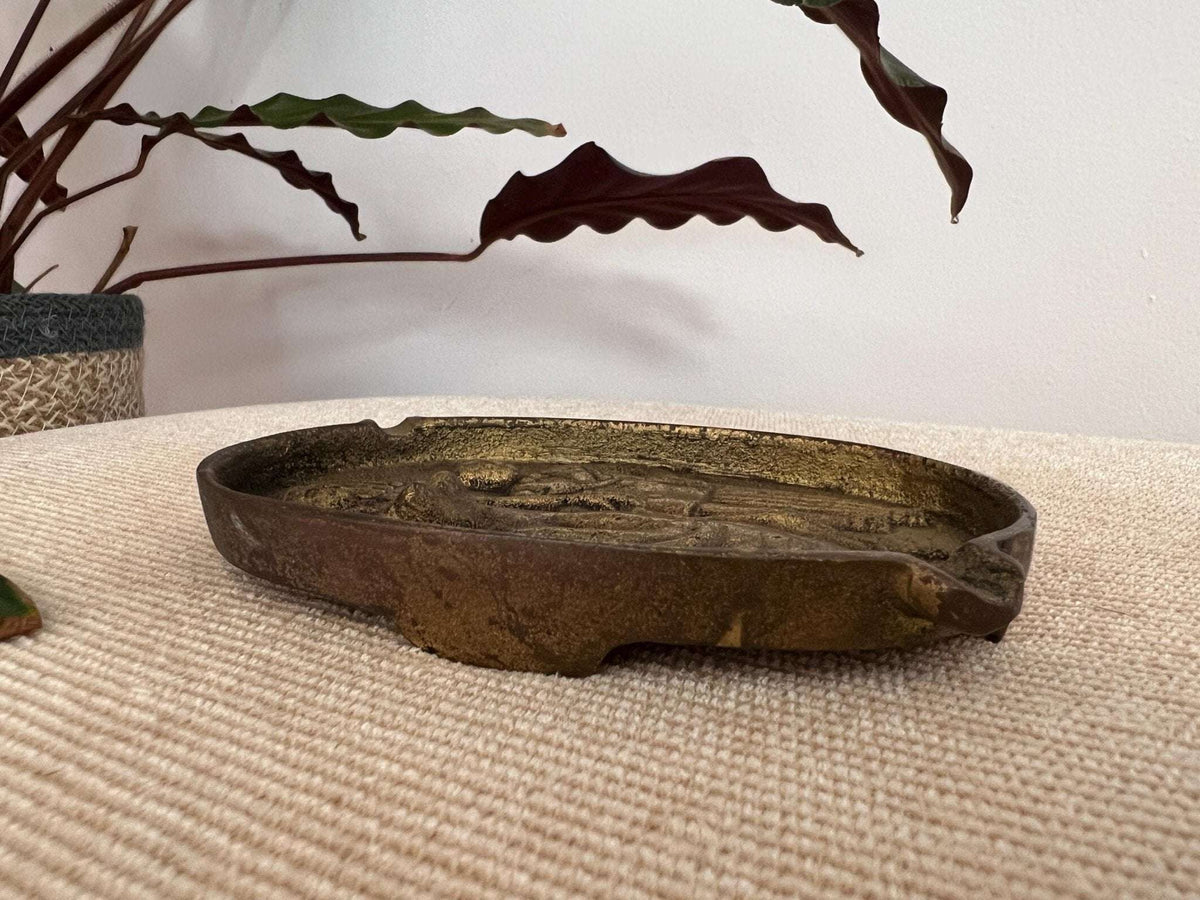 Brass Novelty Ashtray — Two - Sided Risqué Scene, Cast Brass, Portugal, 5" x 3.5" - Loom Vintage