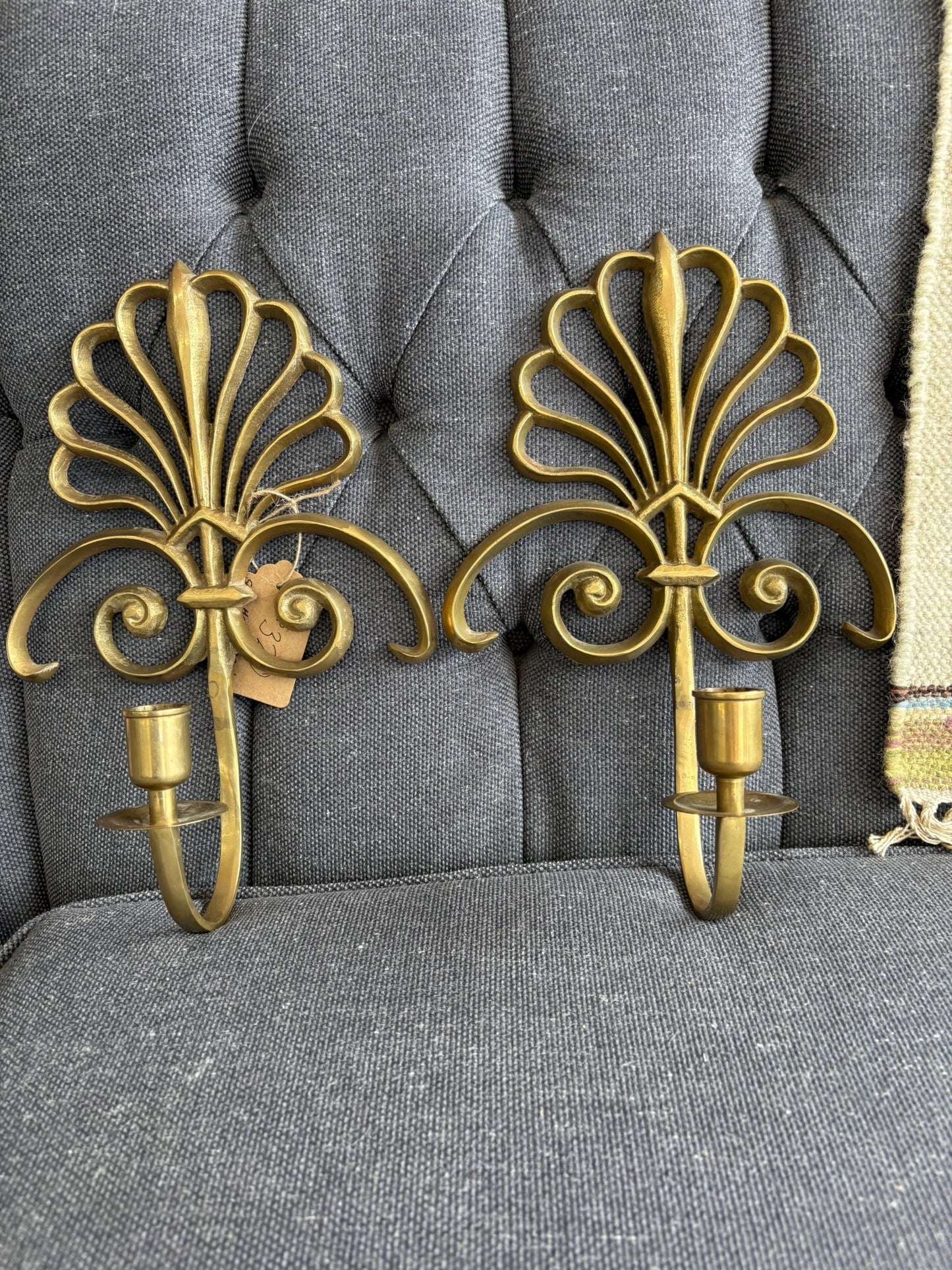 Brass Shell & Fleur - de - Lis Wall Sconces, Pair — Hollywood Regency, c. 1970s–80s, 13" - Loom Vintage