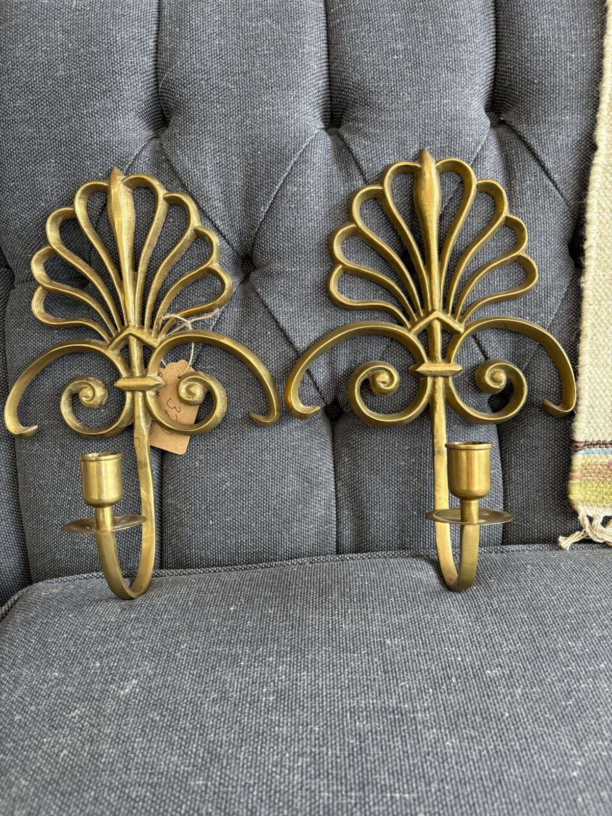 Brass Shell & Fleur - de - Lis Wall Sconces, Pair — Hollywood Regency, c. 1970s–80s, 13" - Loom Vintage