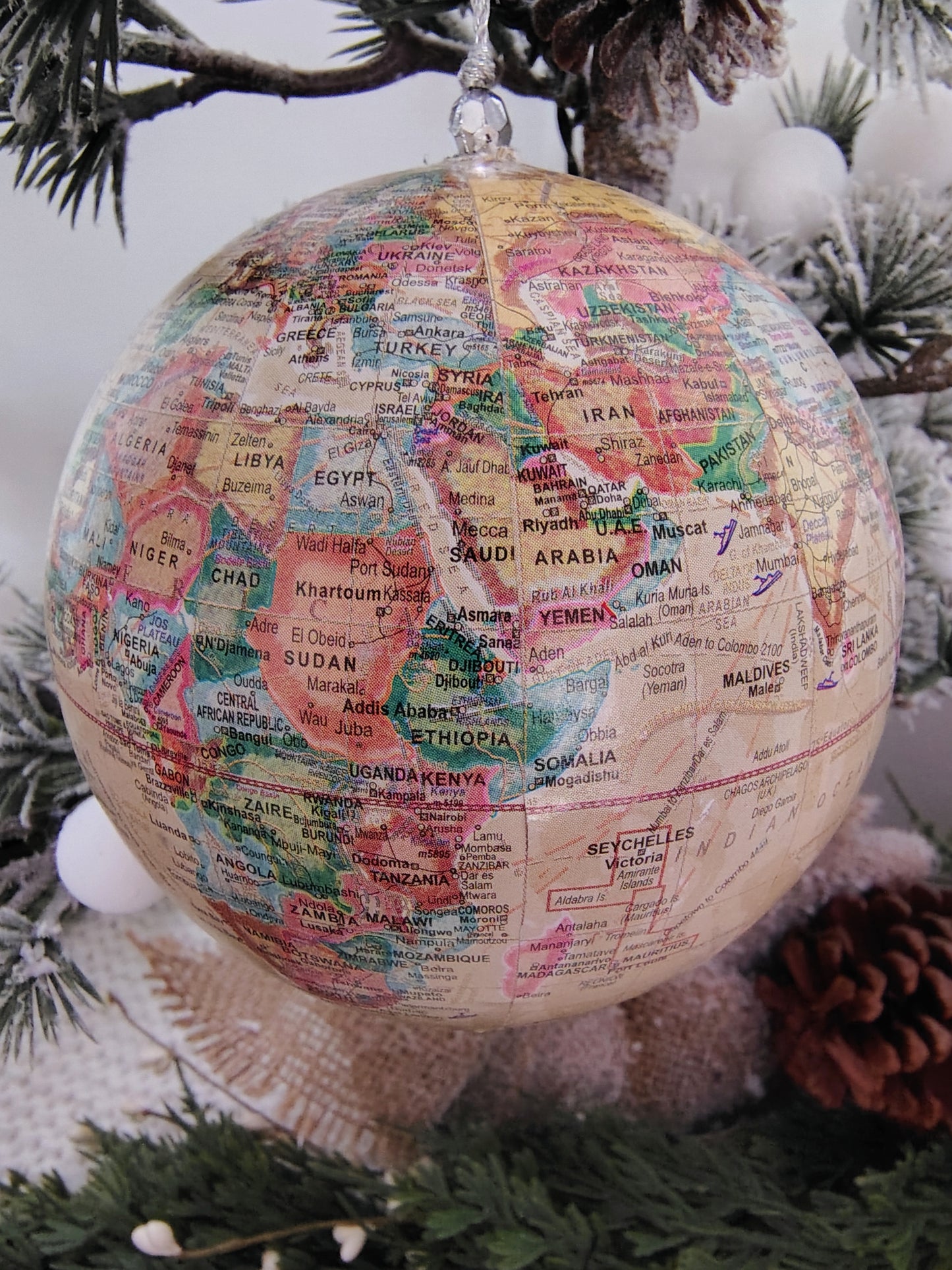 “Joy to the World” Paper Mâché Globe Christmas Ornament – Vintage Map Design