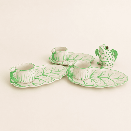 Full hand-painted frog and cabbage-leaf luncheon set arranged together