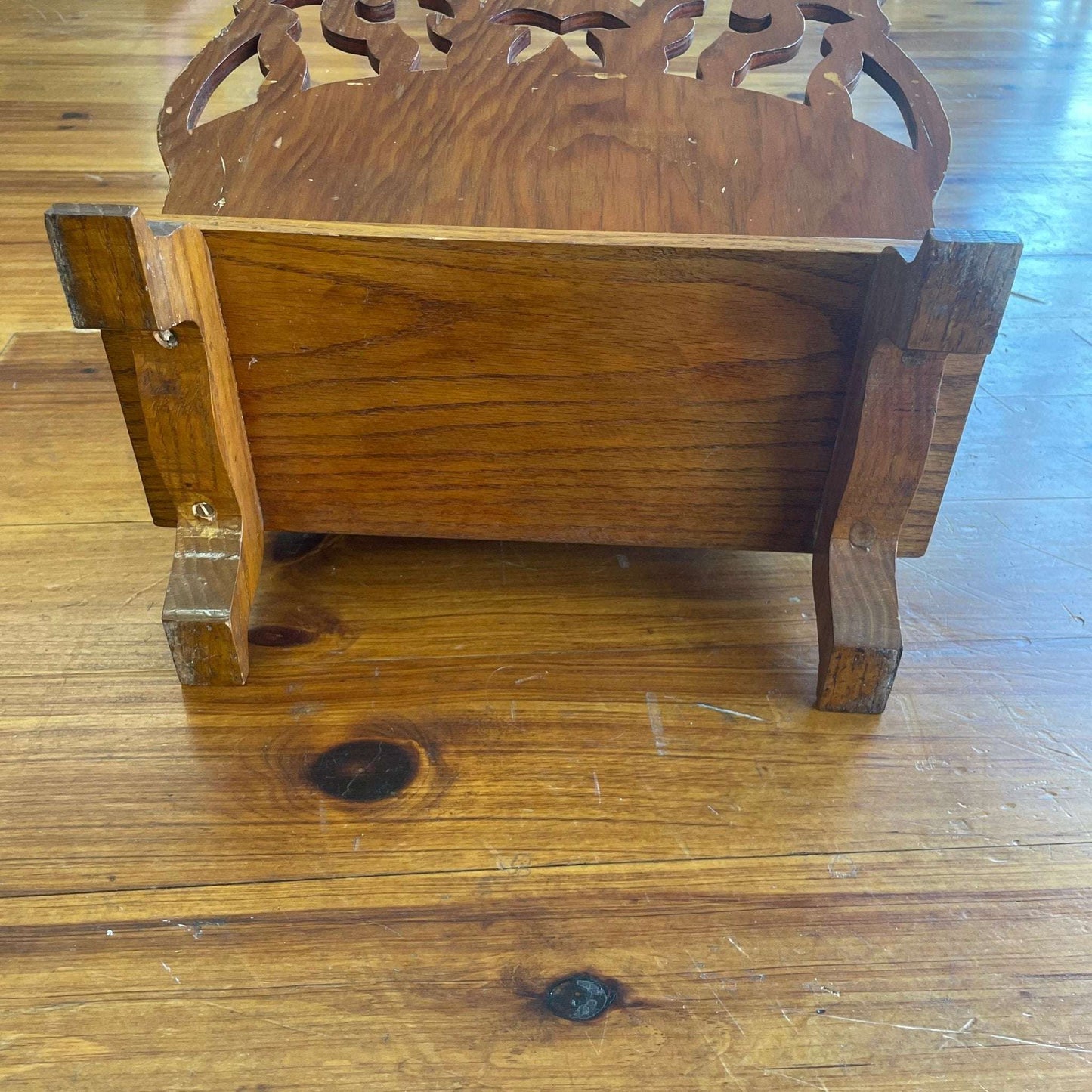 Carved Wood Magazine Rack — Double-Sided, Floral Cutout, 15.75"H, c. 1970s–80s, USA - Loom Vintage