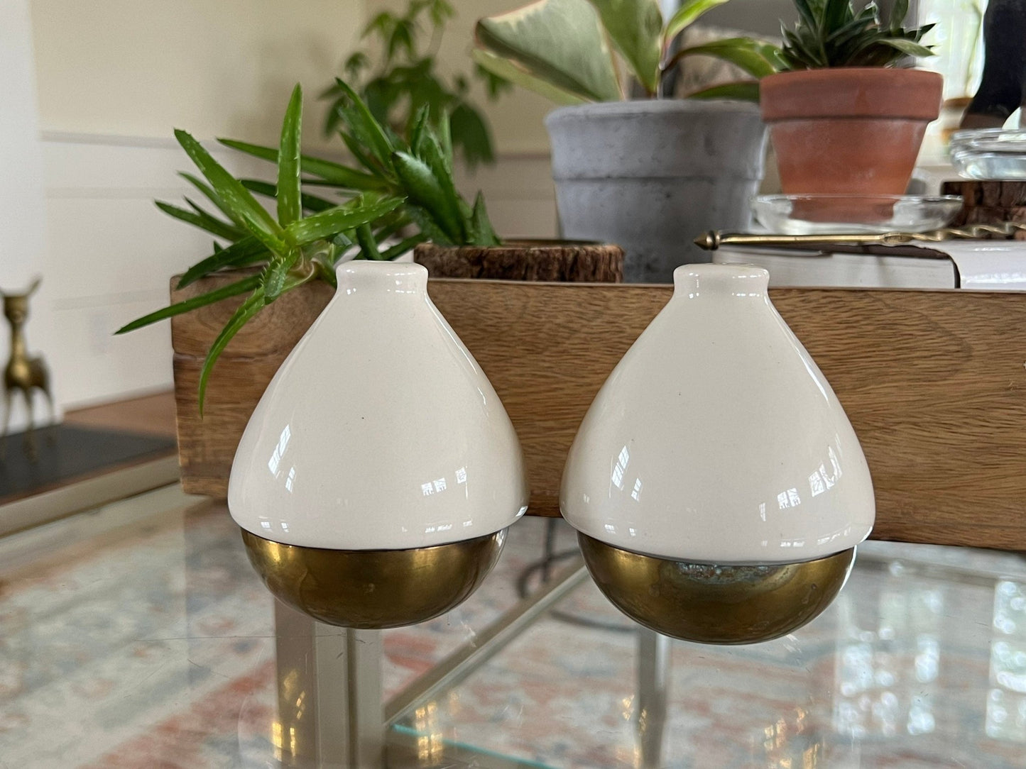 Ceramic and Brass Salt and Pepper Shakers, Pair — Teardrop Form, Cream and Gold, c. 1950s - Loom Vintage