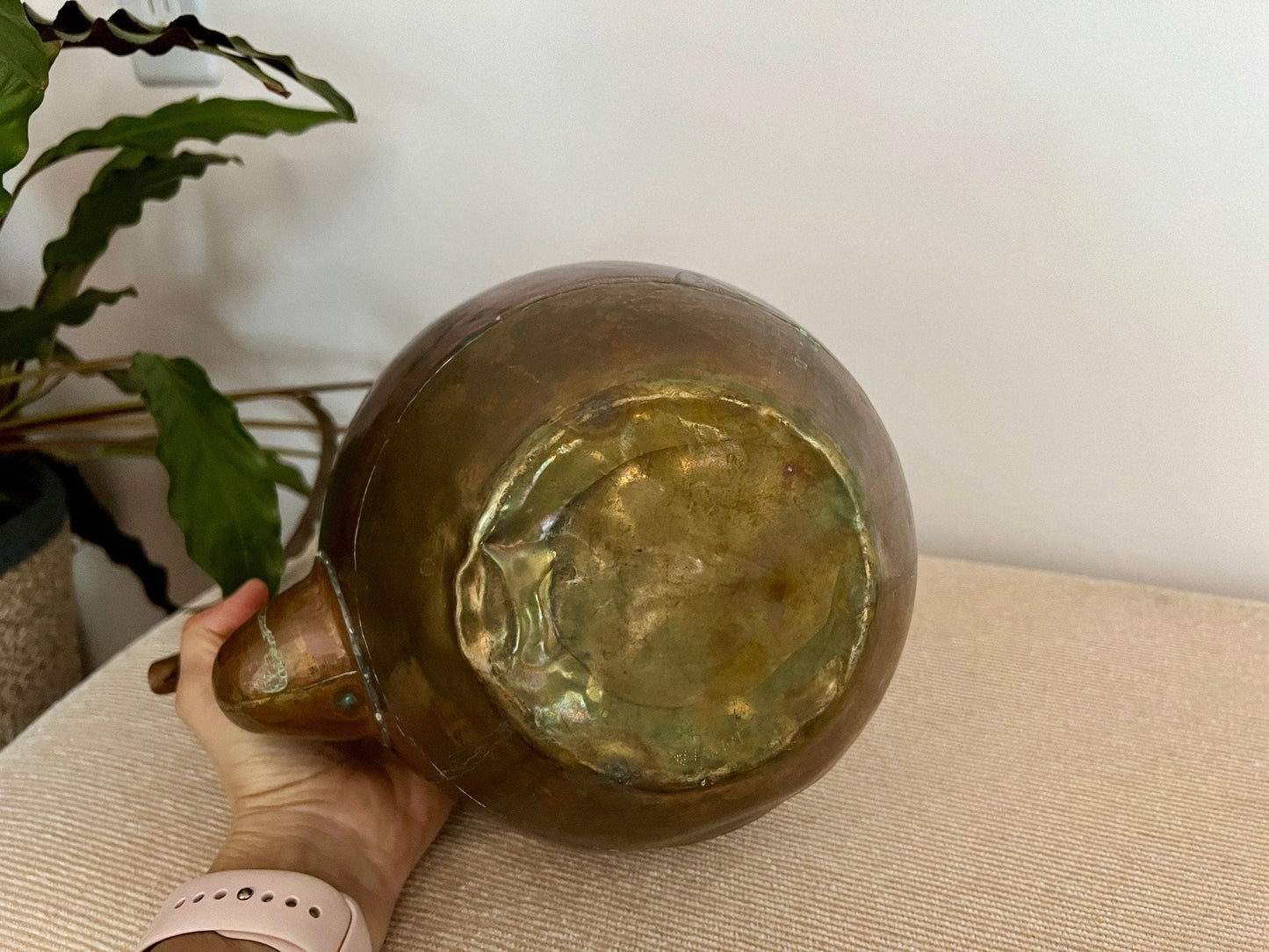 Copper and Brass Tea Kettle with Blue Ceramic Knob — Double Handle, India, 8" x 10.75" - Loom Vintage