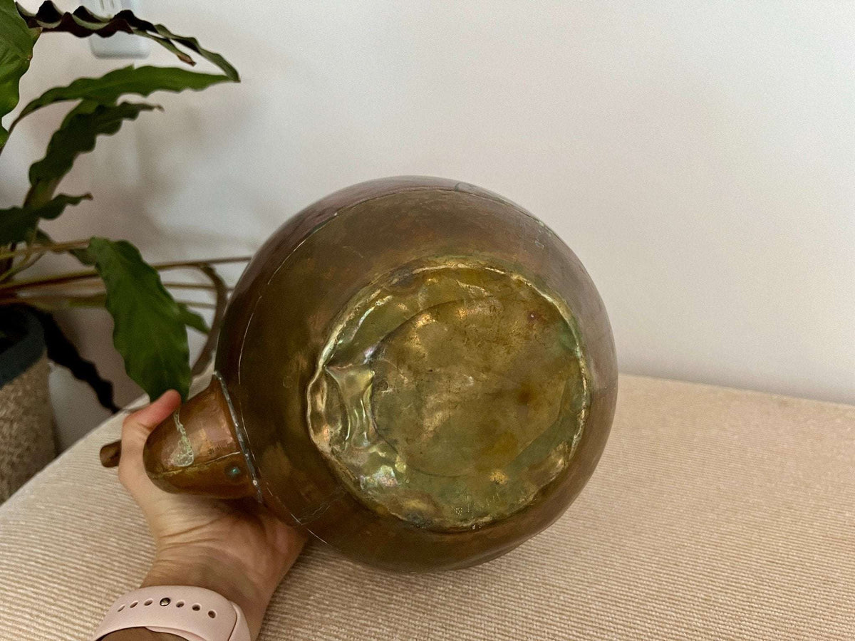 Copper and Brass Tea Kettle with Blue Ceramic Knob — Double Handle, India, 8" x 10.75" - Loom Vintage