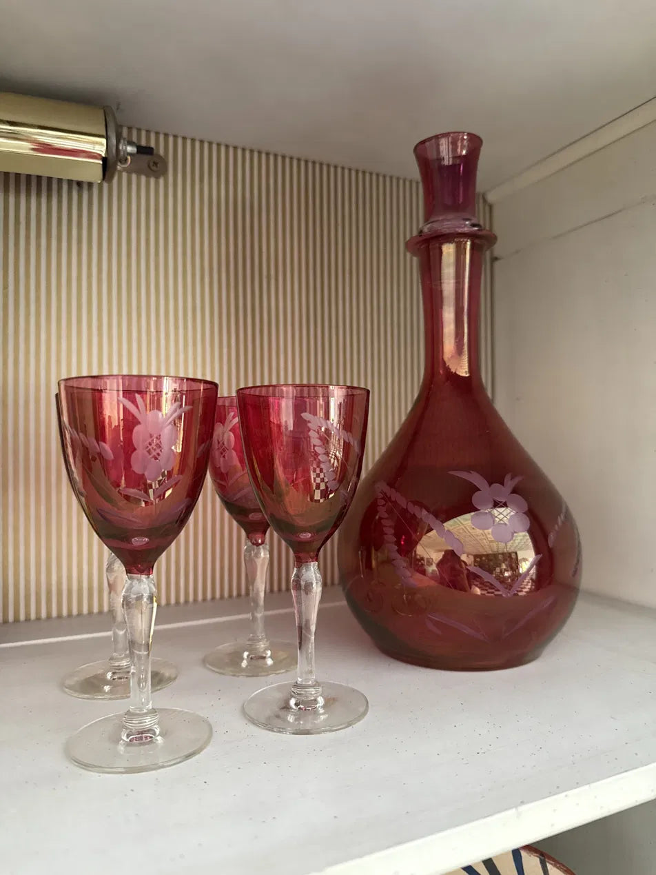 Cranberry Glass Decanter Set with Wheel-Cut Grapes — Decanter and Four Stems