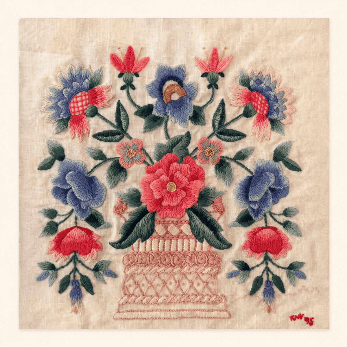 Close up of crewel embroidery stitching with roses and bee