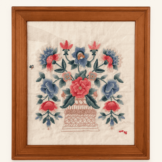 Framed hand embroidered crewel floral basket on linen