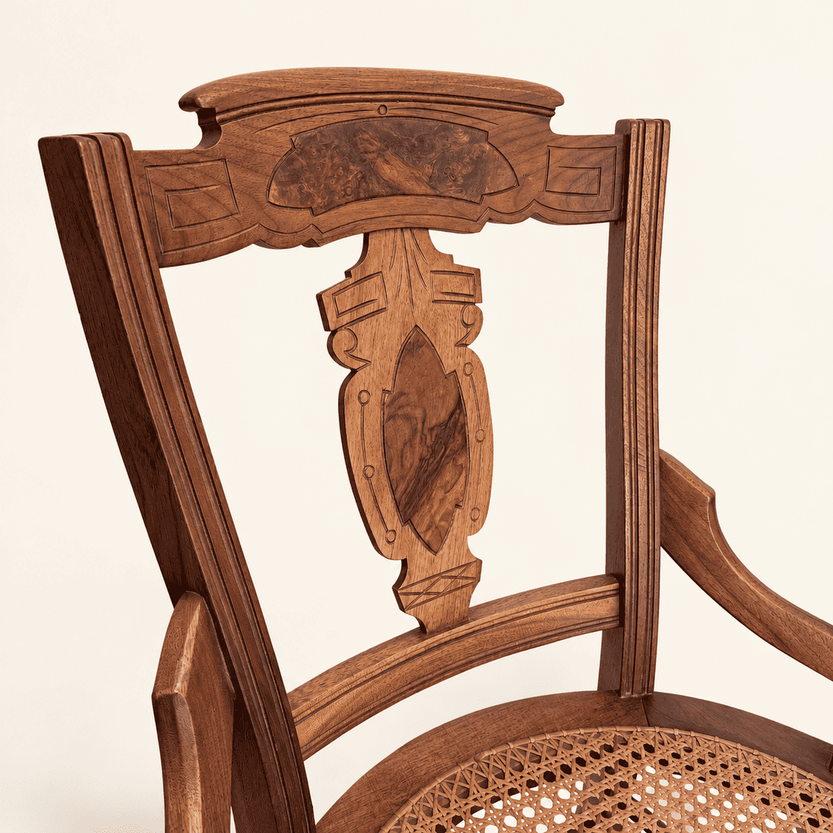 Eastlake walnut armchair with round hand-caned seat, front view, photo 2 of 7
