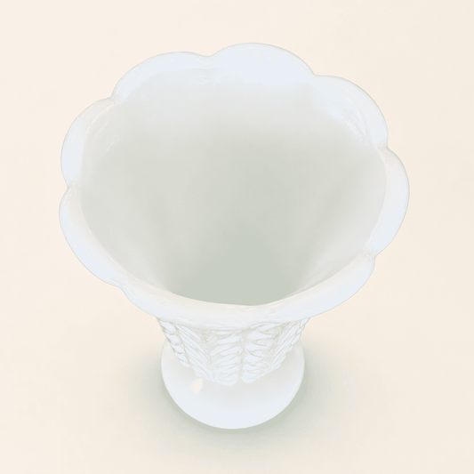 White milk glass pedestal vase by E.O. Brody, side profile