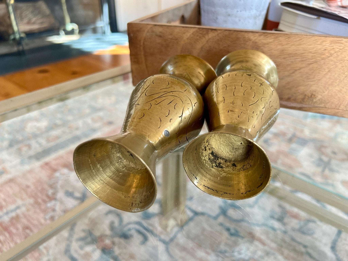 Etched Brass Bud Vases, Pair — Abstract Design, 5.5", Warm Patina - Loom Vintage