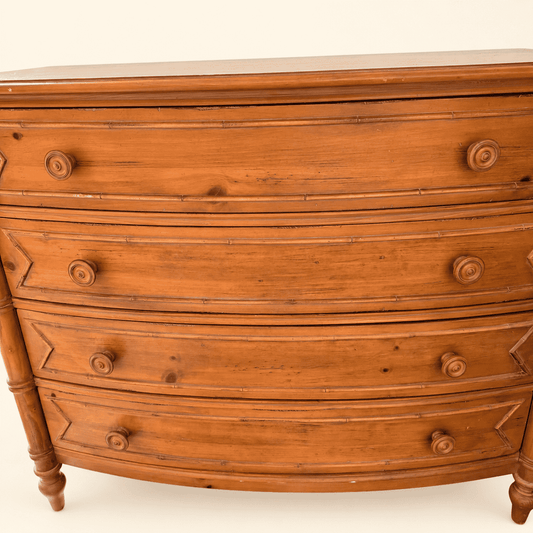 Ethan Allen faux-bamboo bowfront chest, angled front showing four drawers