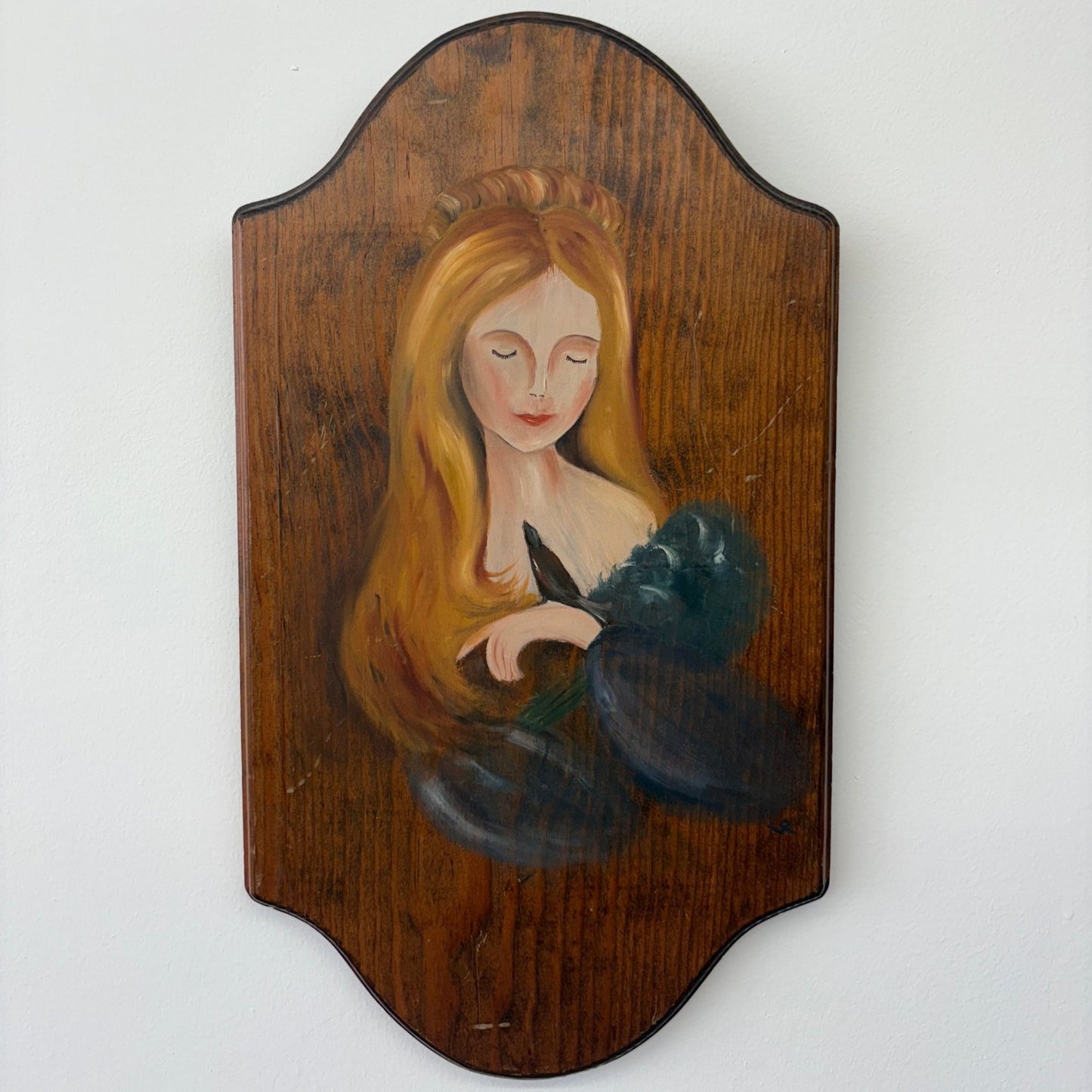 Folk Art Portrait of a Young Woman – Hand-Painted Acrylic on Wood Plaque - Loom Vintage