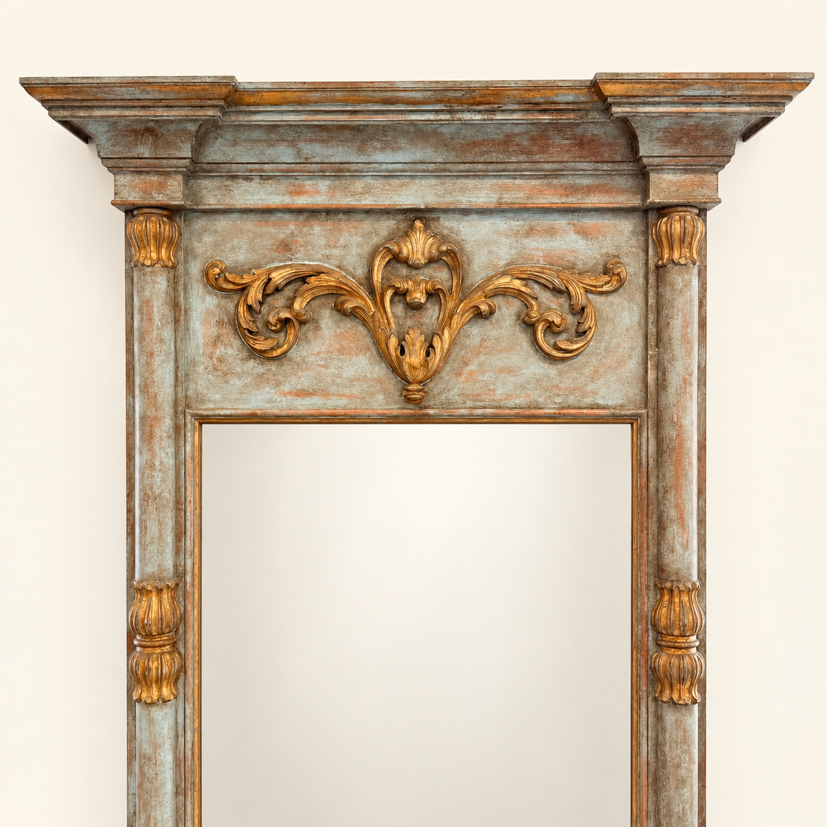 Large French Trumeau Style Painted & Gilt Pier Mirror, Blue-Green, photo 2 of 7