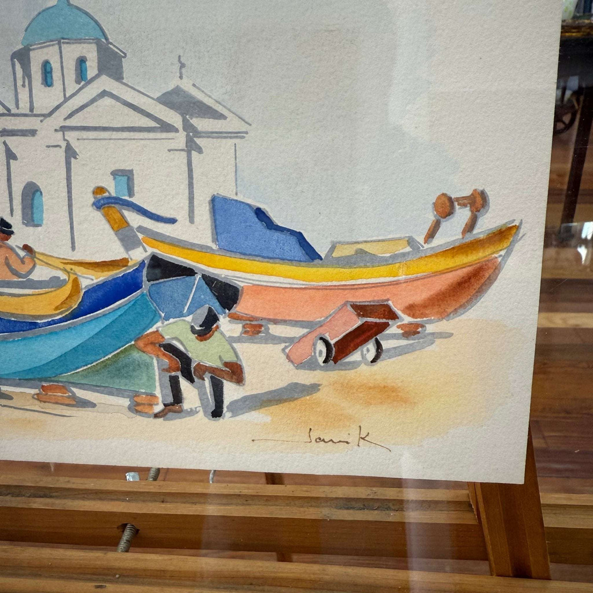 Greece Watercolor Painting of Boats & Chapel Scene by Sami K (Framed) - Loom Vintage