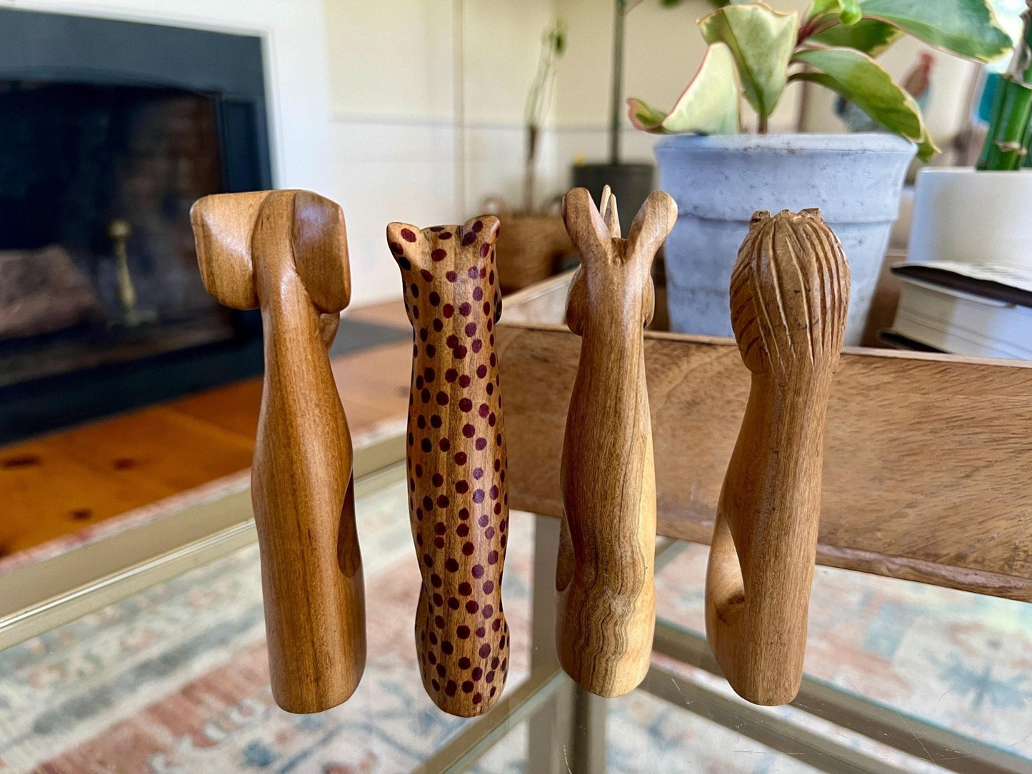 Hand-Carved Kenyan Wood Napkin Rings, Set of 4 — Elephant, Lion, Cheetah & Rhino, Made in Kenya - Loom Vintage