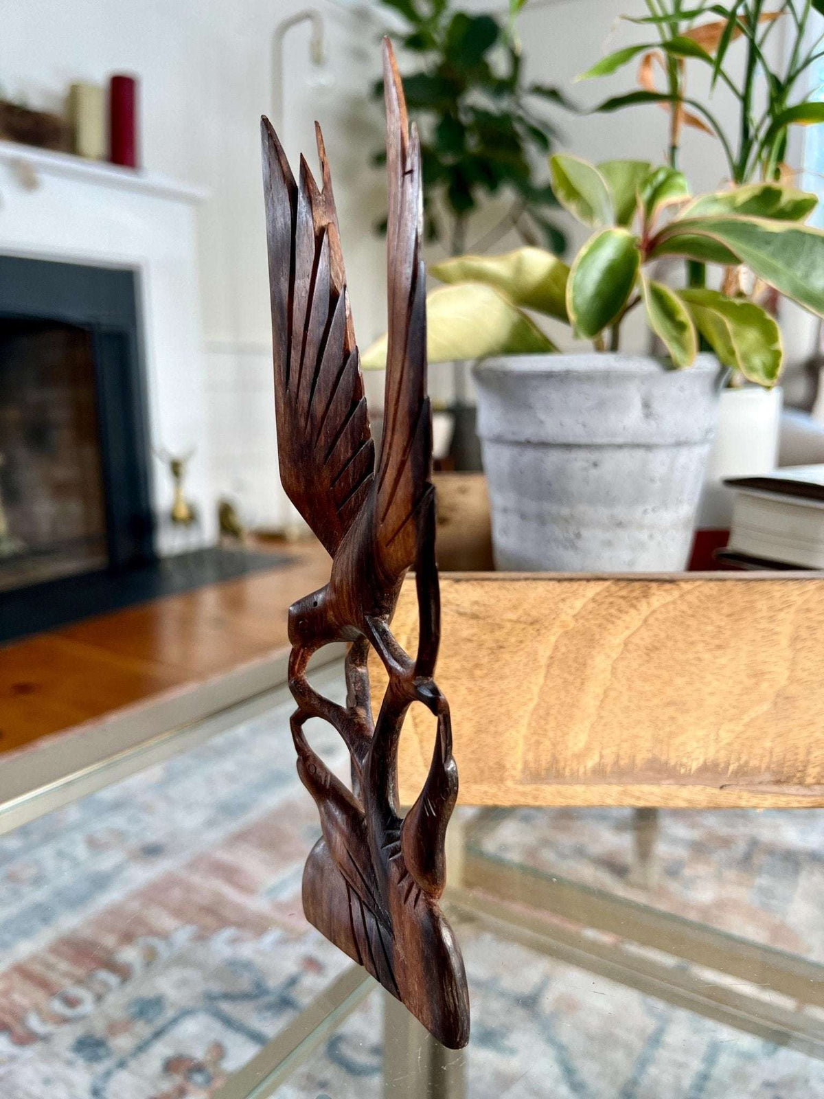 Hand-Carved Wood Bird Sculpture — Mother Feeding Baby Birds, Single-Piece Carving, 8"H - Loom Vintage