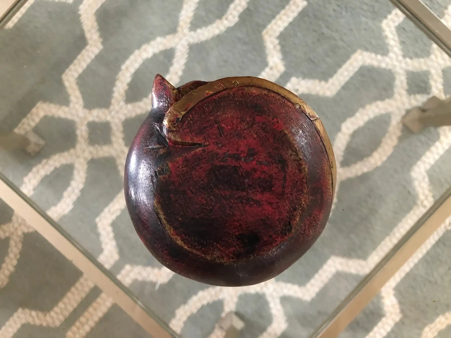 Hand-Carved Wood Sleeping Cat with Brass and Copper Inlay — 4" diameter, Paperweight - Loom Vintage