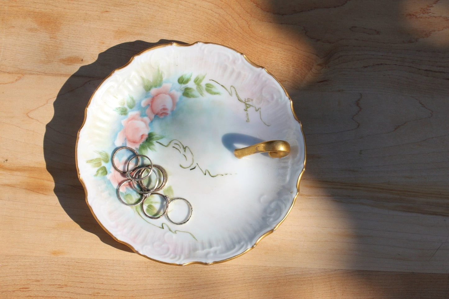 Hand Painted Plate with Gold Handle - Pink Roses and Gold Garland Border - Loom Vintage