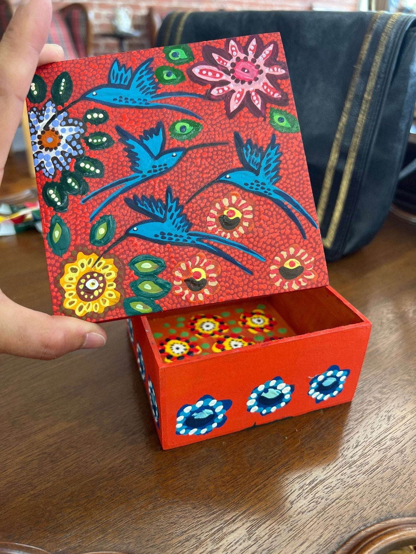 Hand - Painted Wooden Hummingbird Keepsake Box by Magda Mittarakis – Folk Art Storage Box - Loom Vintage
