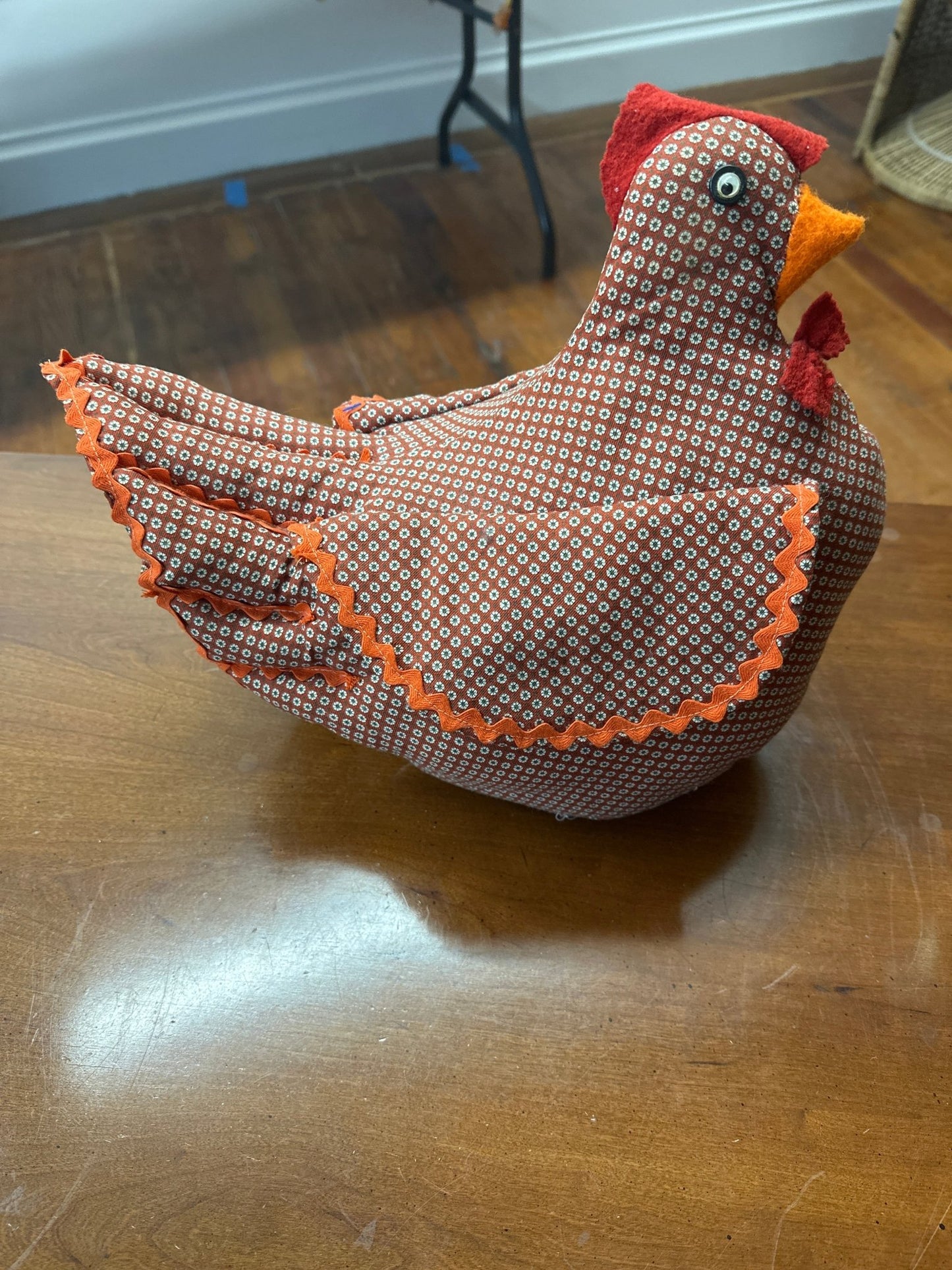 Handmade Patchwork Chicken Plush Vintage Decor Kitchen Calico Country, Red and orange chicken door stop - Loom Vintage