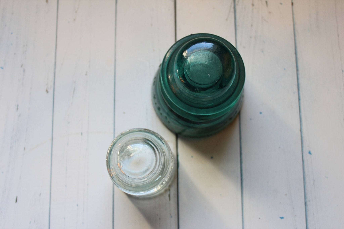 Hemingray No. 42 & No. 12 Glass Insulators, Pair — Green & Clear, c. 1920s - Loom Vintage