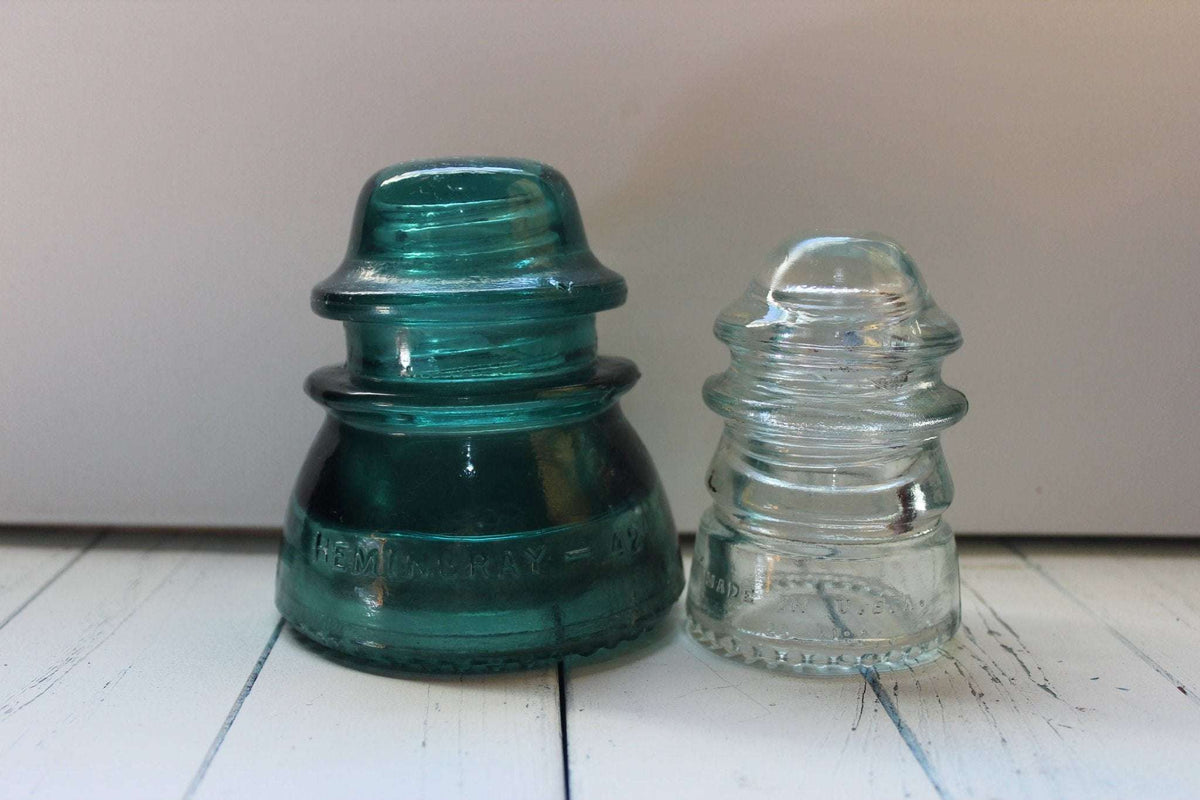 Hemingray No. 42 & No. 12 Glass Insulators, Pair — Green & Clear, c. 1920s - Loom Vintage